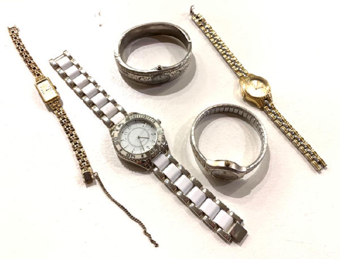 FIVE ASSORTED WRIST WATCHES ~ HINGED SILVER TONE METAL (1 of 9)