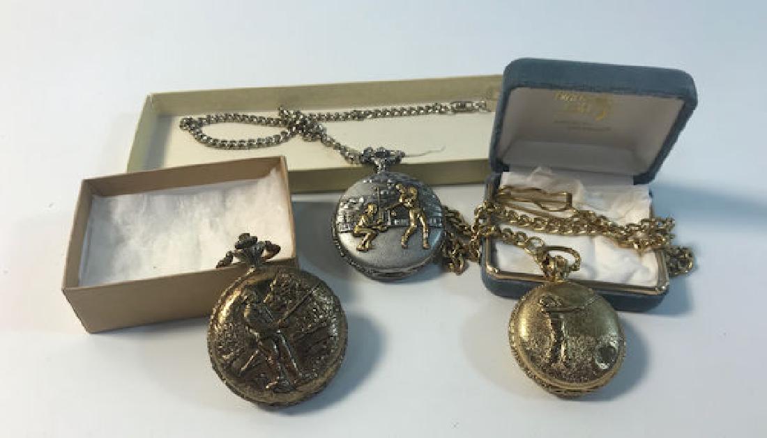 LOT OF THREE POCKET WATCHES ~ 1.5" TO 1.75" IN SIZE.: LOT OF THREE POCKET WATCHES ~ 1.5" TO 1.75" IN SIZE. SPORTING IMAGERY (HIGH RELIEF)W/SCENIC DEPICTIONS OF BASEBALL, GOLFING, AND FISHING ON EACH CASE RESPECTIVELY.POCKET WATCHES FROM MILAN, GENEVA, AN