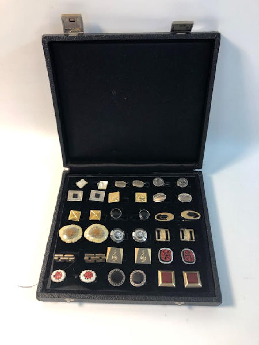 CUFFLINK PAIRS ~ EIGHTEEN (18) TOTAL PAIRS OF CUFFLINKS: CUFFLINK PAIRS ~ EIGHTEEN (18) TOTAL PAIRS OF CUFFLINKS (MATCHED) W/STYLESINCLUDING: MOTHER-OF-PEARL, EMBOSSED CROWN, SILVER TONE INTAGLIO, DRAGON RELIEF(RED/BLACK), AND BRUSHED METAL (GOLD TONE) TREB