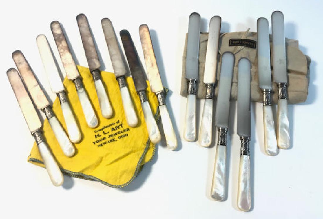 KITCHEN/TABLE KNIVES WITH MOTHER-OF-PEARL HANDLES ~: KITCHEN/TABLE KNIVES WITH MOTHER-OF-PEARL HANDLES ~ FOURTEEN TOTAL KNIVES.WHITE NACRE HANDLES. TWO SEPARATE STYLES.