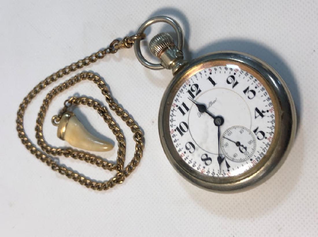 HAMILTON POCKET WATCH ON CHAIN ~ WHITE FACE W/BLACK: HAMILTON POCKET WATCH ON CHAIN ~ WHITE FACE W/BLACK NUMERIC INDICATORS.BURNISHED COPPER INLAY ON REVERSE. ANIMAL TOOTH ON WATCH CHAIN.