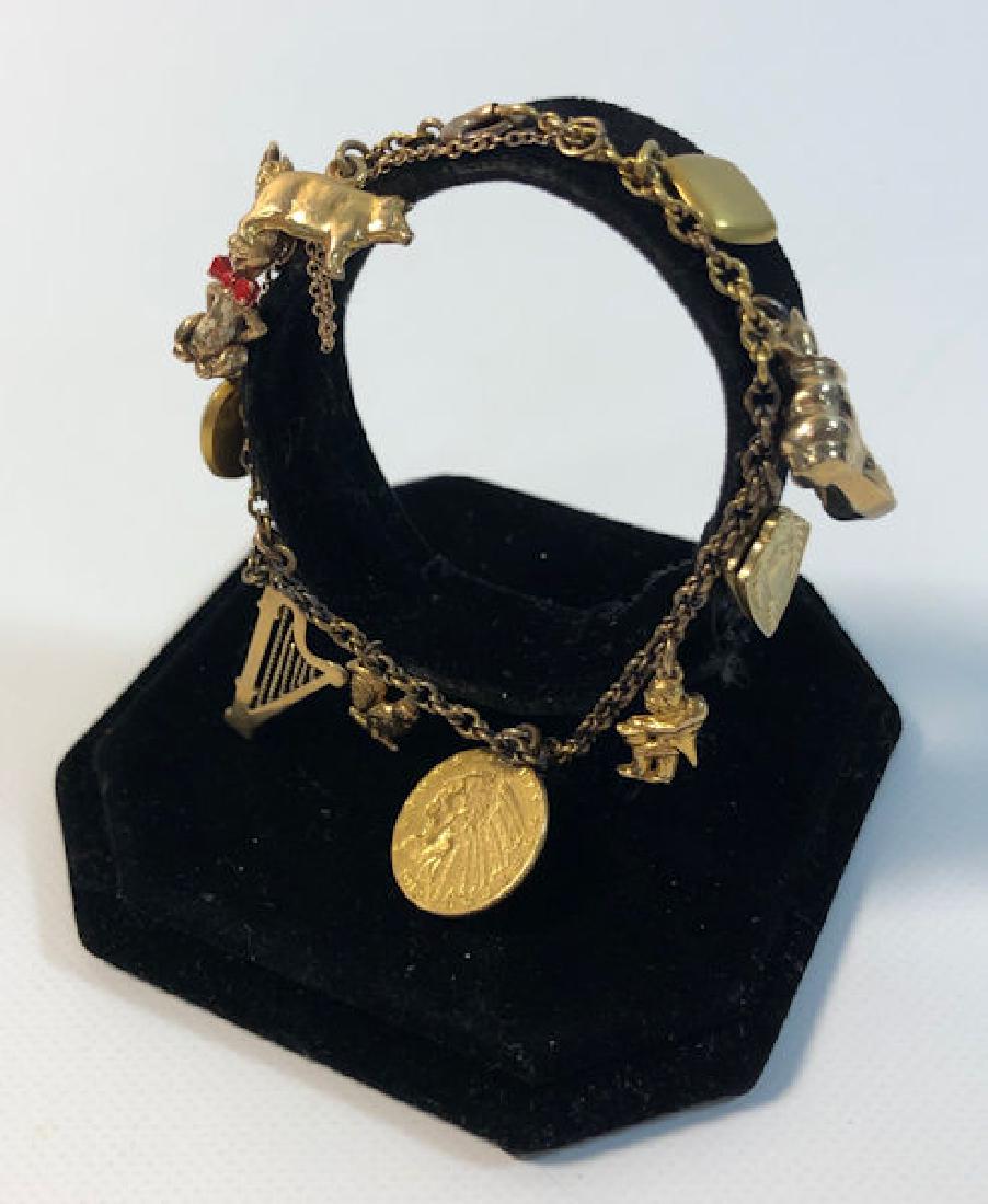 VINTAGE GOLD CHARM BRACELET ~ TEN CHARMS MOSTLY 14KT (1 of 7)