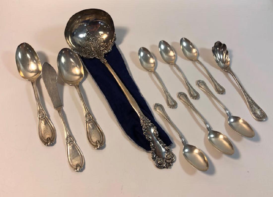 STERLING SILVER FLATWARE AND SERVEWARE ~ UNMATCHED: STERLING SILVER FLATWARE AND SERVEWARE ~ UNMATCHED PIECES. SIX MONOGRAM "A"SPOONS (ENGLISH STERLING FROM THE BIRMINGHAM ASSAY OFFICE). THREE UNMATCHEDMONOGRAM SERVING SPOONS ONE ORNATE FROM JAMES ALLA