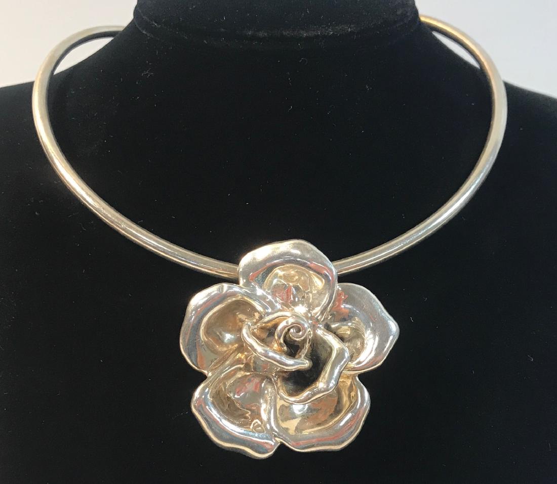 STERLING SILVER CHOKER WITH ROSE PENDANT ~ FROM BAT: STERLING SILVER CHOKER WITH ROSE PENDANT ~ FROM BAT AMI, HIGH POLISH FINISH, 2"WIDE FLOWER PENDANT, 1.44 TROY OZ TW