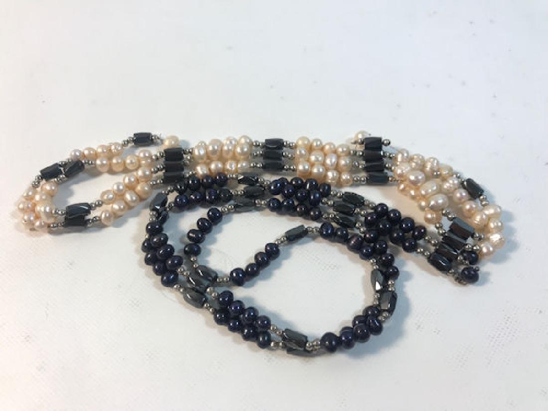 TWO PIECES MAGNETIC PEARL JEWELRY ~ BRACELETS/NECKLACES: TWO PIECES MAGNETIC PEARL JEWELRY ~ BRACELETS/NECKLACES INCL. BLUSH TONE PEARLWRAP (SOME MISSING STONES) W/RINGED OVAL PEARLS. 30" OPERA LENGTH TAHITIAN PEARLBRACELET/NECKLACE W/ROUNDISH PEARLS AND SI