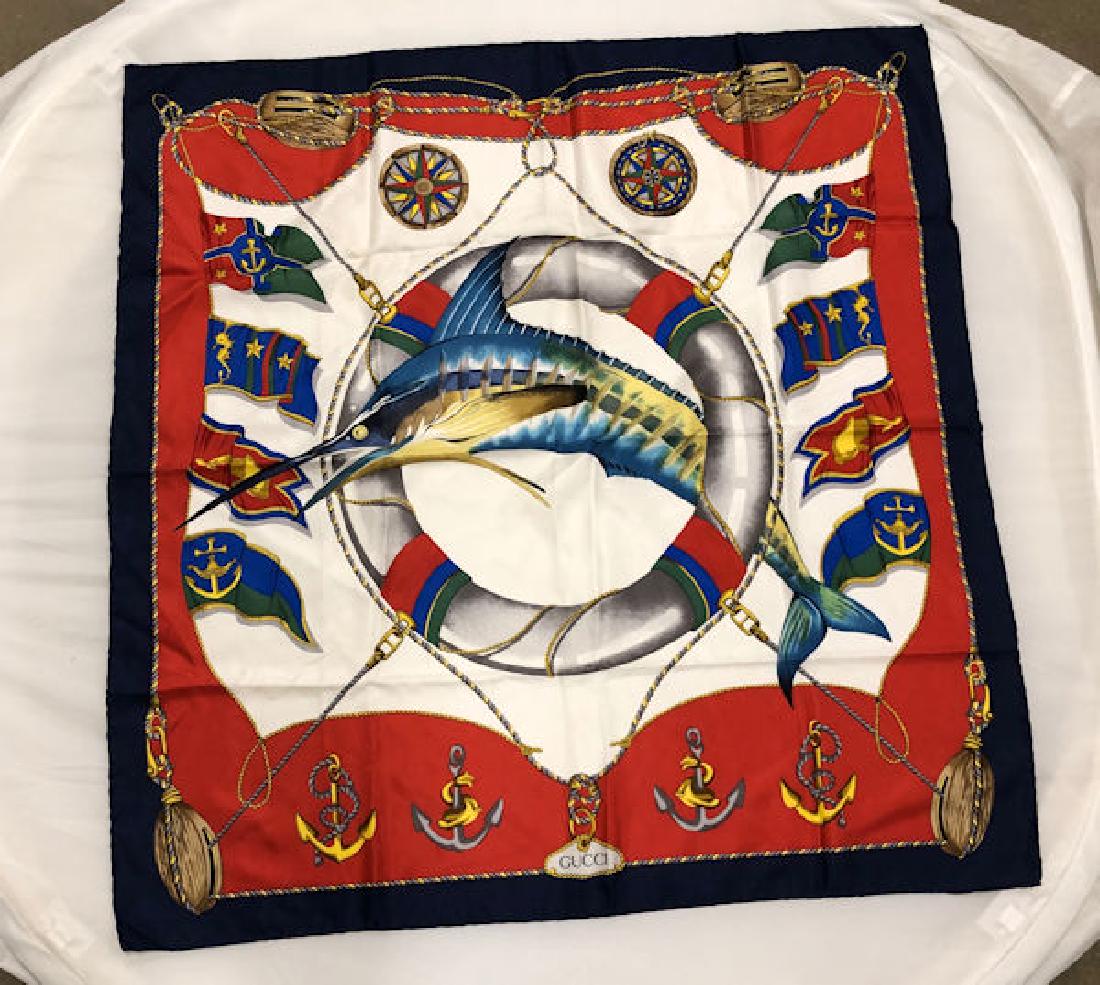 GUCCI VINTAGE SILK SCARF WITH MARLIN~ VINTAGE USED: GUCCI VINTAGE SILK SCARF WITH MARLIN~ VINTAGE USED CONDITION. 34" SQUARE. SMALLSTAIN ON CORNER