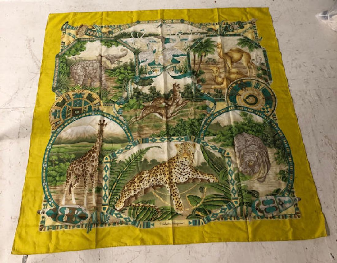 SALVATORE FERRAGAMO 100% COTTON SCARF WITH SAFARI: SALVATORE FERRAGAMO 100% COTTON SCARF WITH SAFARI ANIMALS ~ MADE IN ITALY.BRIGHT YELLOW BORDER. USED VINTAGE CONDITION 53" SQUARE