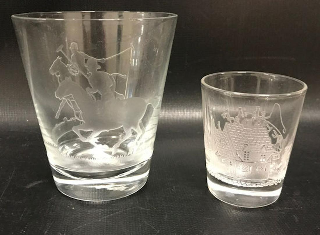 HEISEY 7 OZ OLD FASHION WITH POLO PLAYER ETCH AND 2 OZ: HEISEY 7 OZ OLD FASHION WITH POLO PLAYER ETCH AND 2 OZ BAR WITH TALLY-HO ETCH