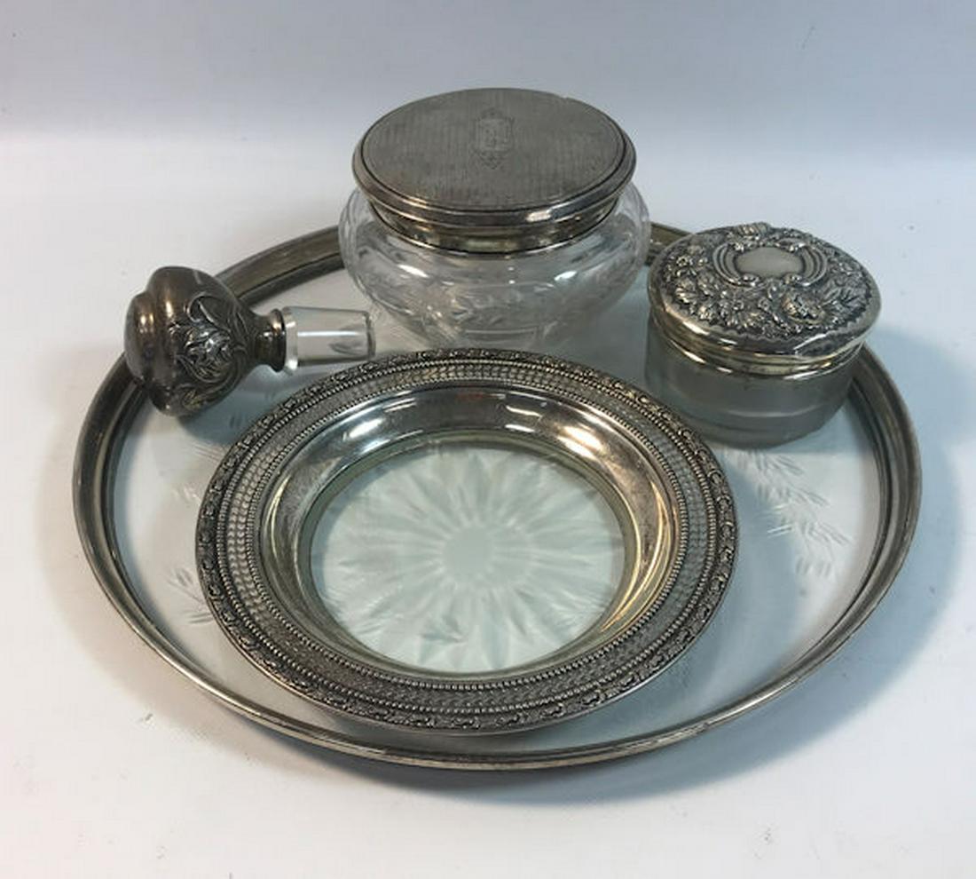 5 PIECES STERLING SILVER AND CRYSTAL. SERVING TRAY,: 5 PIECES STERLING SILVER AND CRYSTAL. SERVING TRAY, WINE COASTER, 2 DRESSER JARS AND BOTTLE STOPPER