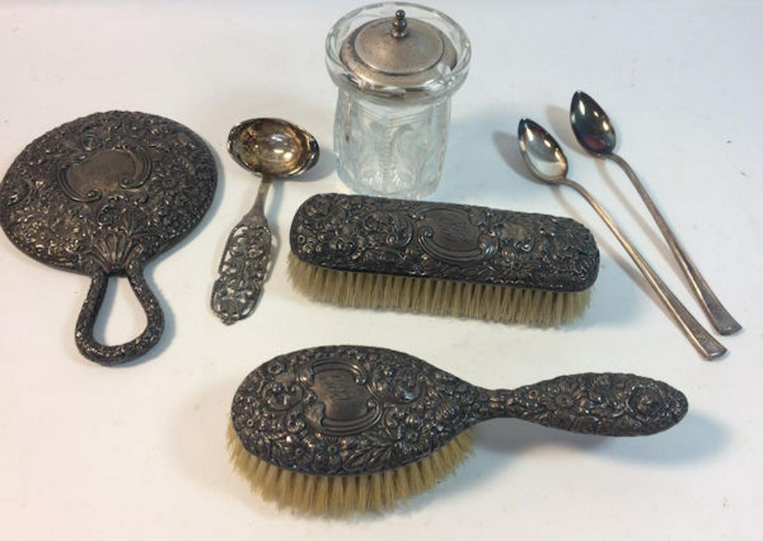 LOT STERLING INCLUDING DRESSER SET, 3 SPOONS, AND GLASS (1 of 1)
