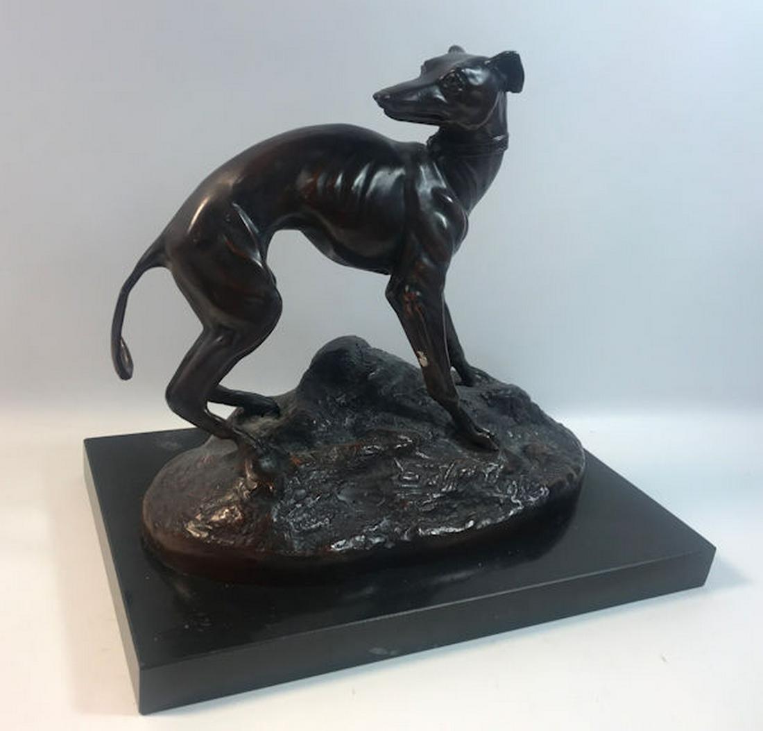 BRONZE RESTRIKE WHIPPET/GREYHOUND SCULPTURE ON BASE, (1 of 1)