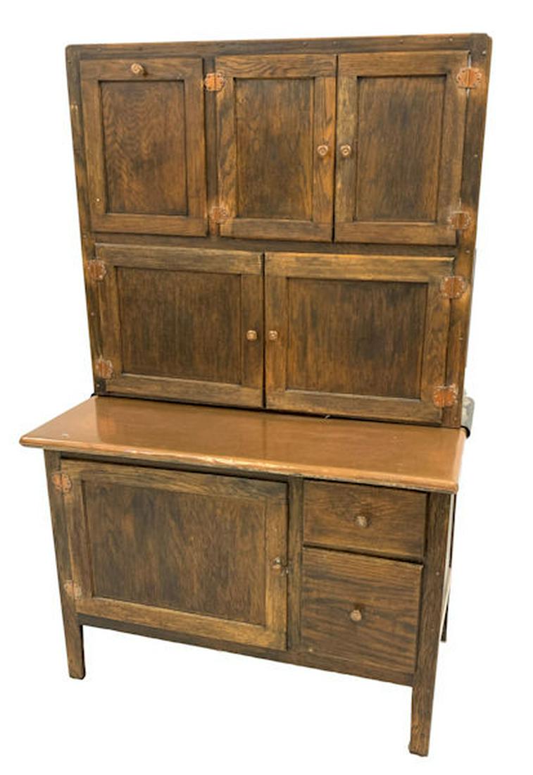 Oak Hoosier Style Cabinet With Copper Top And Hardware