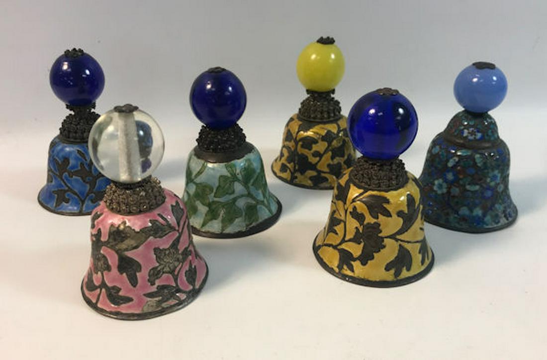 6 CHINESE HAT BUTTON ENAMELED BELLS WITH GLASS HANDLES, (1 of 1)