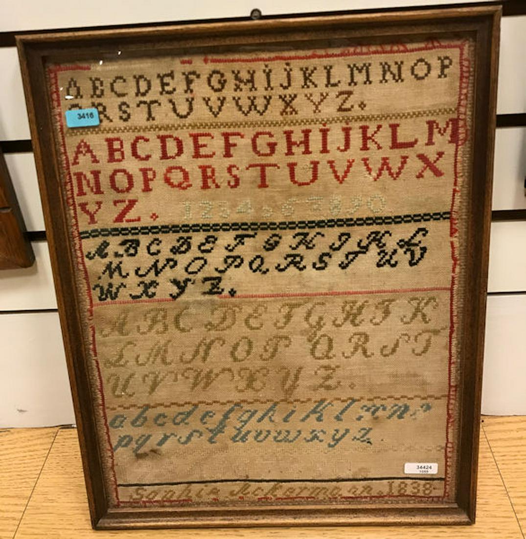 FRAMED ANTIQUE ALPHABET SAMPLER SIGNED SOPHIE (1 of 3)