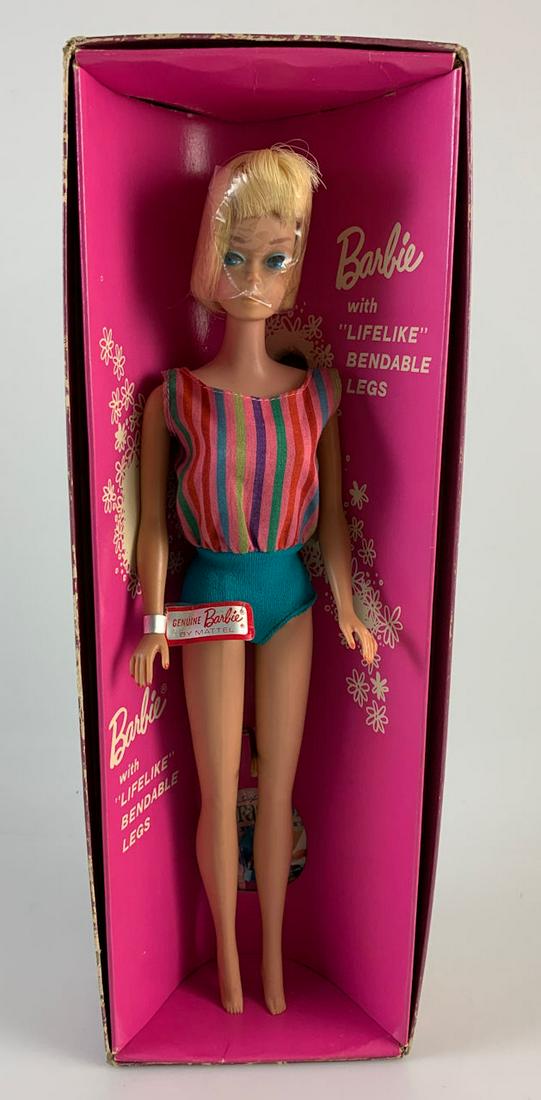 BARBIE WITH "LIFELIKE" BENDABLE LEGS IN ORIGINAL BOX.: BARBIE WITH "LIFELIKE" BENDABLE LEGS IN ORIGINAL BOX. RETAINS WRIST TAG, STAND, BOOKLET AND SHOES. DOLL HAS BEEN REMOVED FROM BOX.