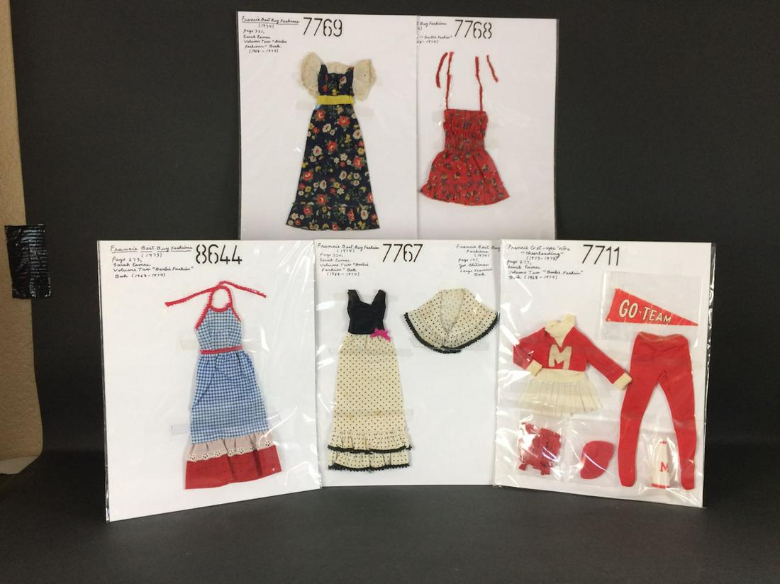 5 FRANCIE FASHIONS INCLUDING "CHEERLEADING" #7711: 5 FRANCIE FASHIONS INCLUDING "CHEERLEADING" #7711 (MISSING BOOTS AND ONE POMPOM, PENNANT CRIMPED), AND FRANCIE BEST BUY FASHIONS #7767 (COMPLETE), #7768 (DRESS ONLY), #7769 (DRESS ONLY), AND #8644 (DR