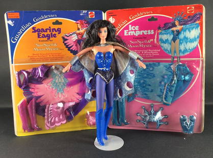 (2) NRFB VINTAGE 1970'S MATTEL GUARDIAN GODDESSES: (2) NRFB VINTAGE 1970'S MATTEL GUARDIAN GODDESSES COSTUMES - "SOARING EAGLE" AND "ICE EMPRESS". COMES WITH UNBOXED MOON MYSTIC DOLL IN ORIGINAL COSTUME.