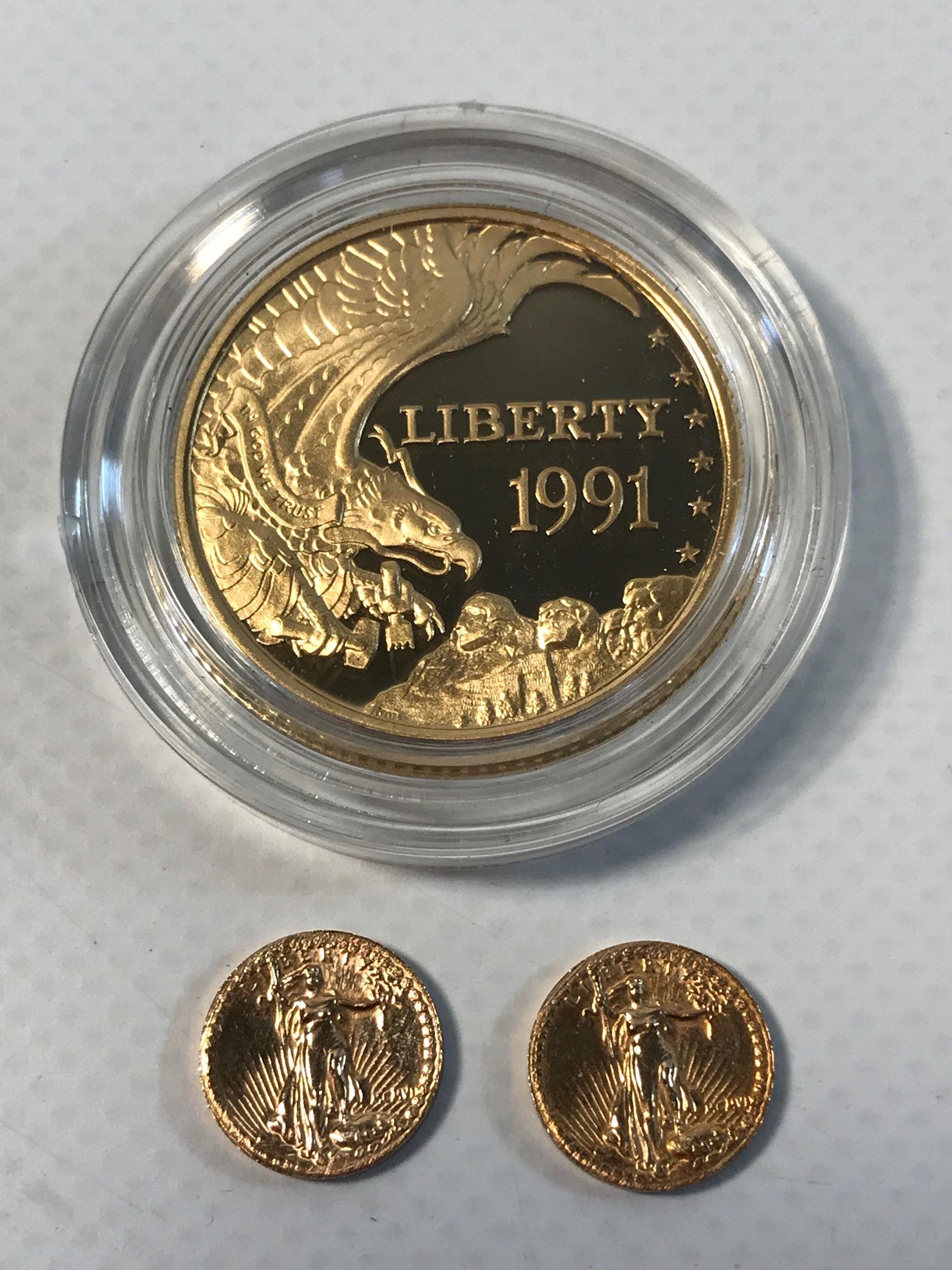 3 GOLD COINS INCLUDING 1991 MT. RUSHMORE $5 GOLD PROOF (1 of 2)