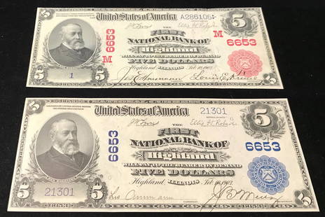 SERIES 1902 FIVE DOLLAR NATIONAL CURRENCY NOTE "FIRST: SERIES 1902 FIVE DOLLAR NATIONAL CURRENCY NOTE "FIRST NATIONAL BANK OF HIGHLAND" ILLINOIS "6653" AND SERIES 1902 FIVE DOLLAR NATIONAL CURRENCY RED SEAL NOTE "FIRST NATIONAL BANK OF HIGHLAND" ILLINOIS