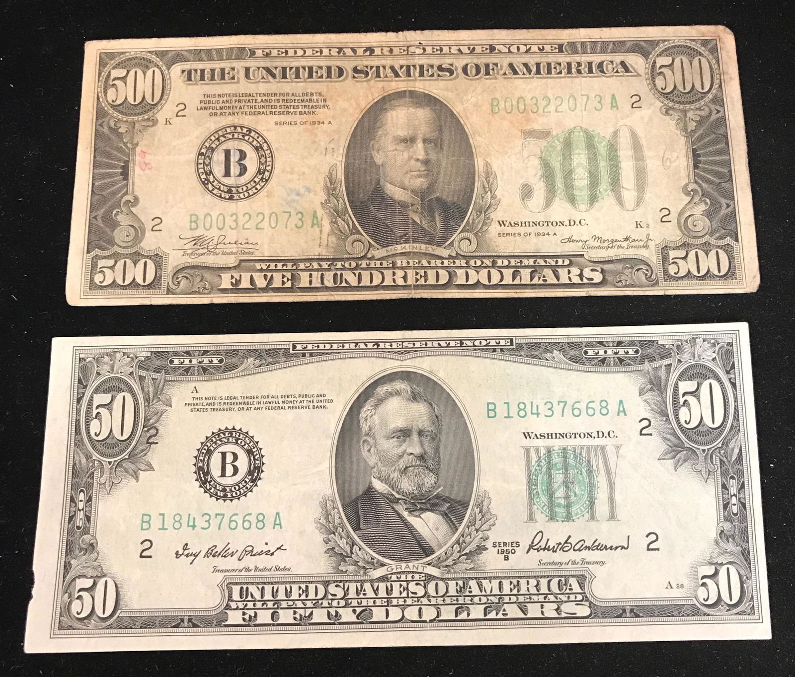 SERIES 1934 $500 FEDERAL RESERVE NOTE AND SERIES 1950 (1 of 2)