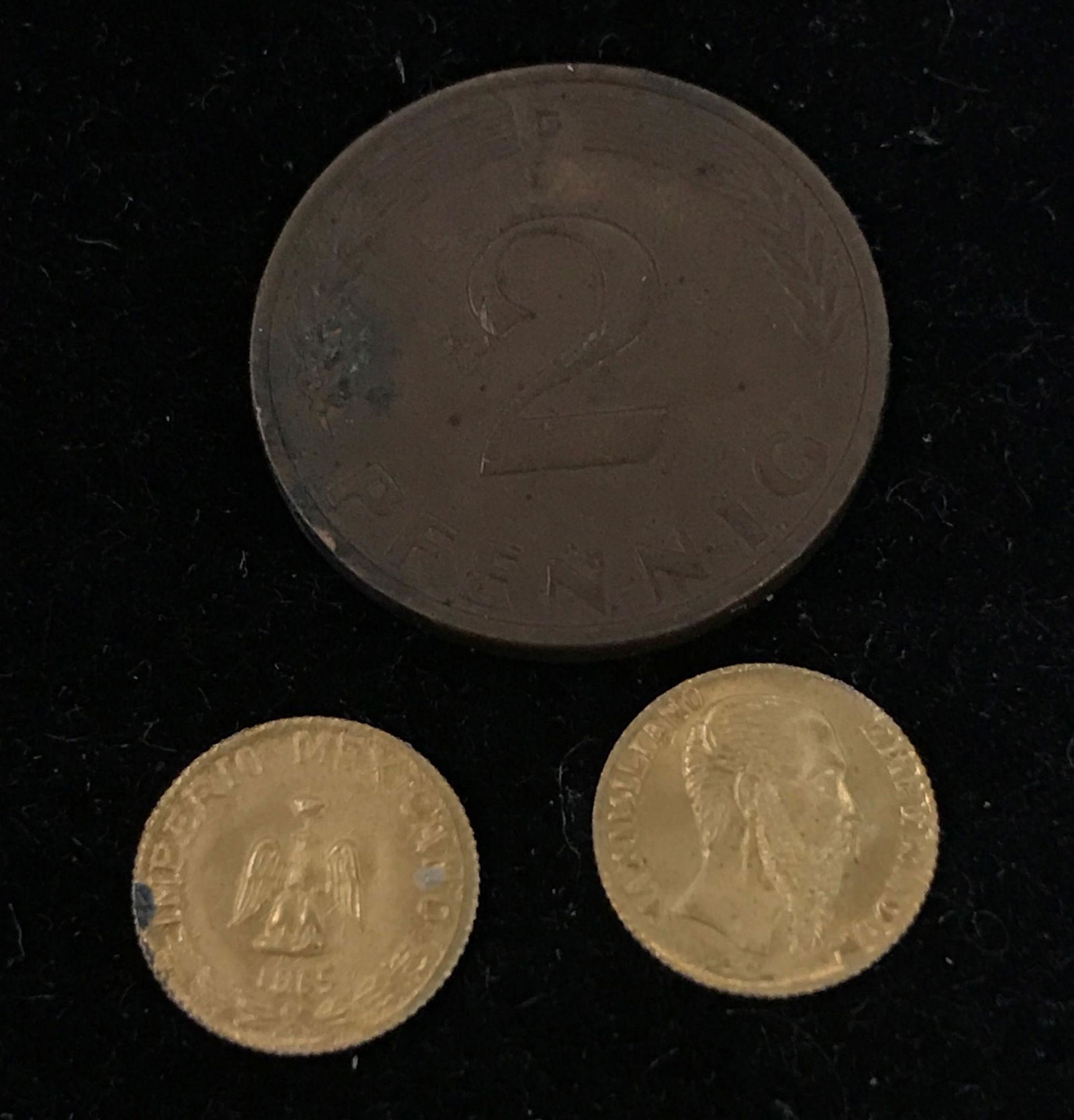 (2) 1865 MEXICO GOLD COINS, .34g EACH AND 1952 GERMAN 2 (1 of 1)