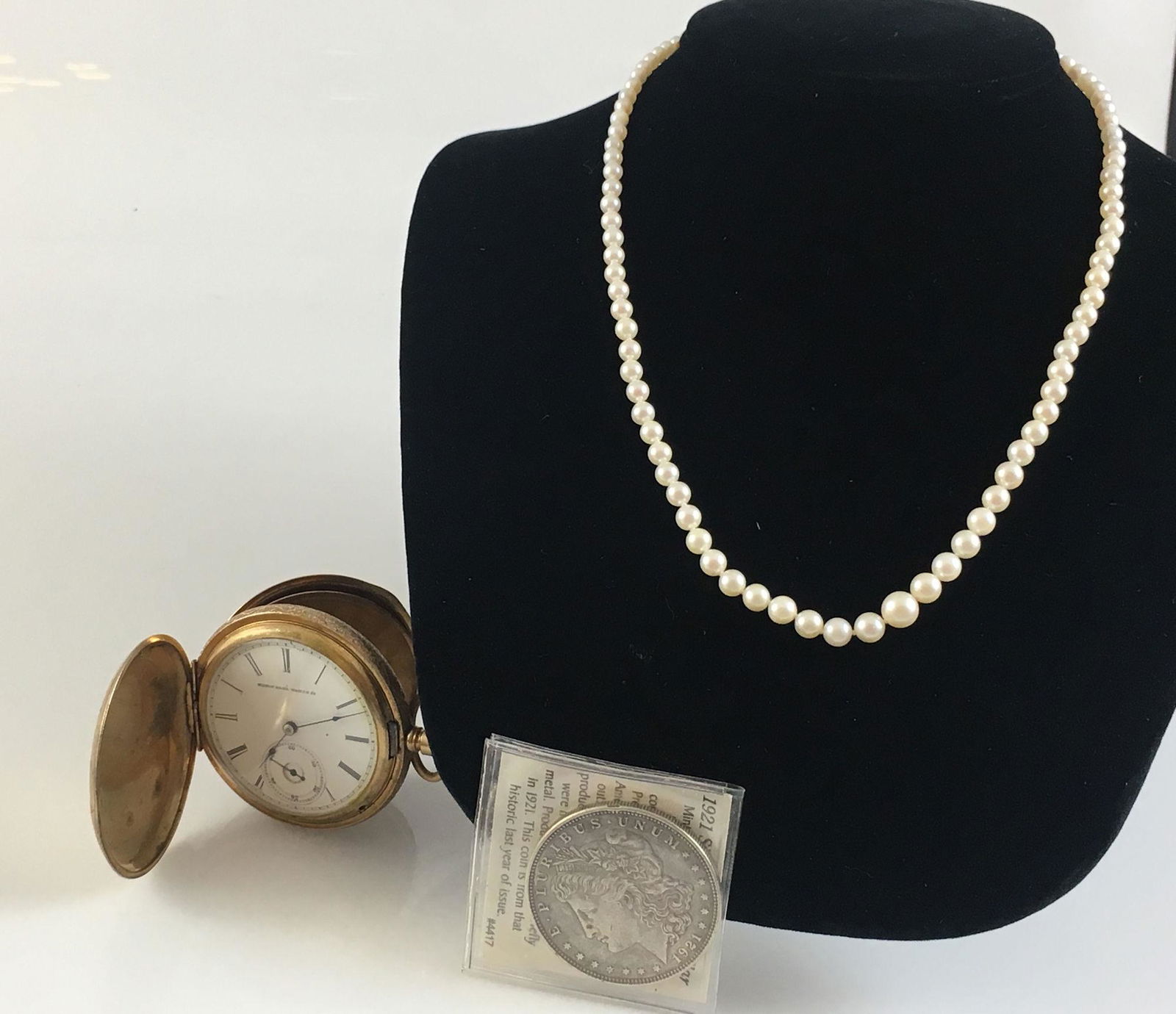 ONE SILVER COIN,  ONE POCKET WATCH & ONE PEARL NECKLACE (1 of 8)
