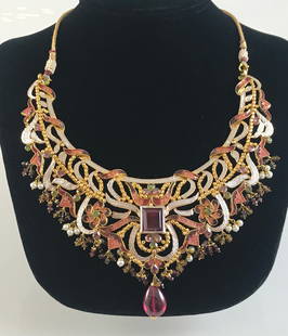 20KT YELLOW GOLD INDIAN NECKLACE: 20KT YELLOW GOLD INDIAN NECKLACE ~ ADJUSTABLE LENGTH, ORNATE DUAL TONE OPENWORK DESIGN, FEATURING RECTANGULAR CUT RUBY CENTER STONE & LARGE RUBY DROP DANGLE, BLUSH PINK AND MAROON ENAMEL INLAY, SEED P