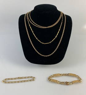 14KT GOLD JEWELRY: 14KT GOLD JEWELRY ~ INCLUDING 24" SPIRAL CHAIN NECKLACE, 8.25" BRACELET W/ BOX CLASP CLOSURE, APPROX 30" SPIRAL CHAIN NECKLACE, AND TWO OTHER CHAINS (81.5 GRAMS TW)