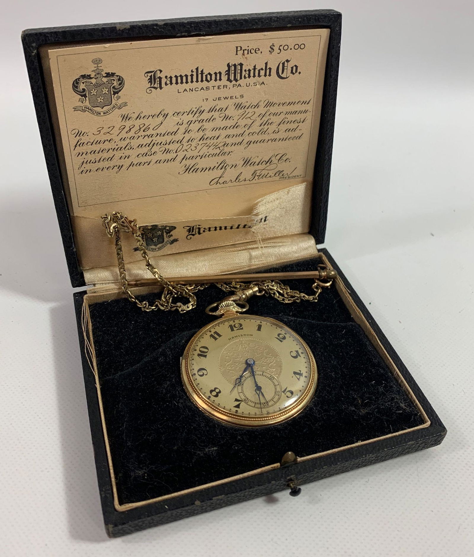 HAMILTON POCKET WATCH: HAMILTON POCKET WATCH ~ STEM SET, WINDS SETS TICKS, GOLD TONE HIGH POLISH CASE, 1.75" DIAMETER FROM WADSWORTH W/ MILGRAIN EDGEWORK FEATURES 17 JEWEL ADJUSTED MOVEMENT GRADE 912, NUMBERED "3298860" ON