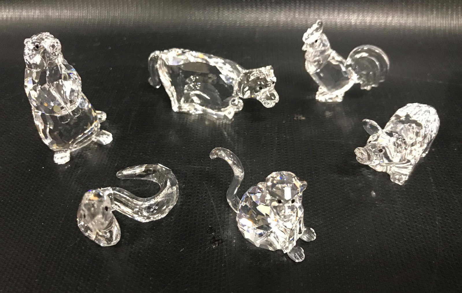 6 SWAROVSKI CRYSTAL ANIMALS - GOPHER, BEAR, MONKEY,: 7 SWAROVSKI CRYSTAL ANIMALS - GOPHER, BEAR, MONKEY, ROOSTER, PIG AND SNAKE, 1&Prime; TO 1¾.&Prime; ORIGINAL BOXES INCLUDED