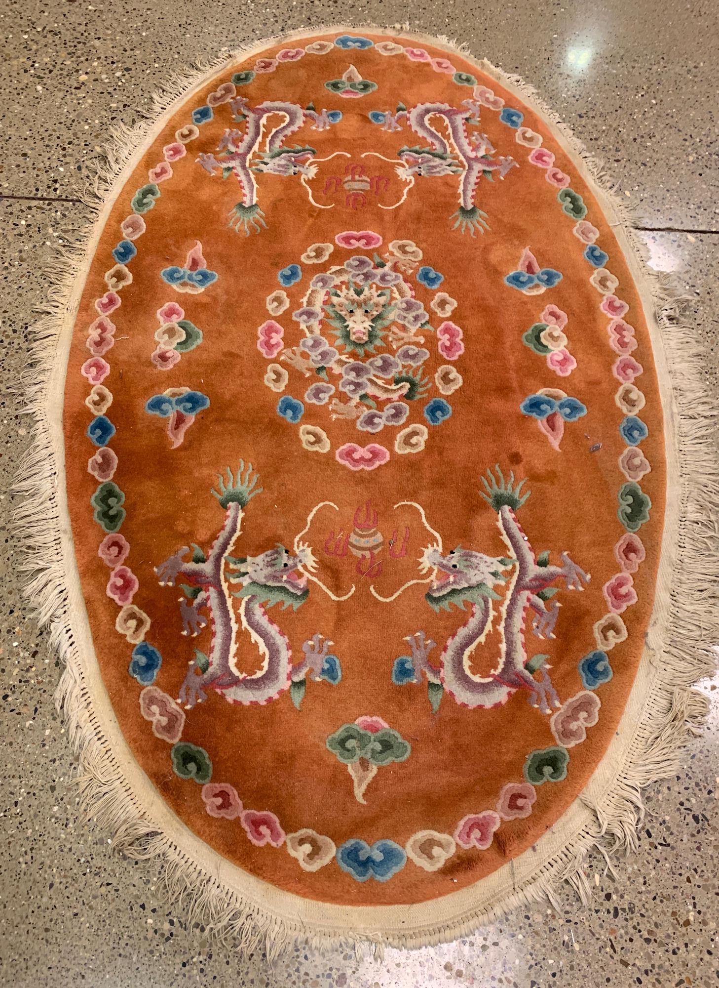 ORIENTAL RUG, CHINESE SCULPTED, OVAL, 4′2″ (1 of 3)