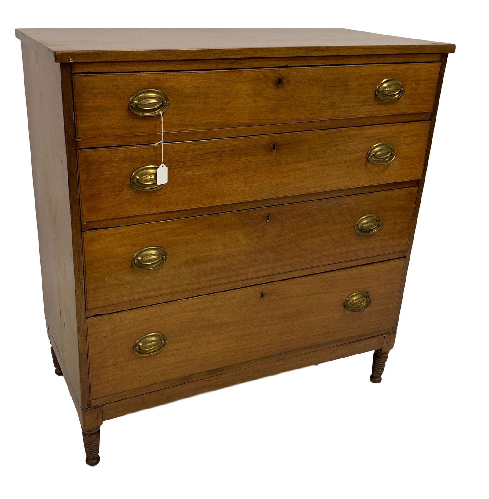 WALNUT SHERATON 4 DRAWER CHEST WITH OVAL BRASSES. (1 of 1)
