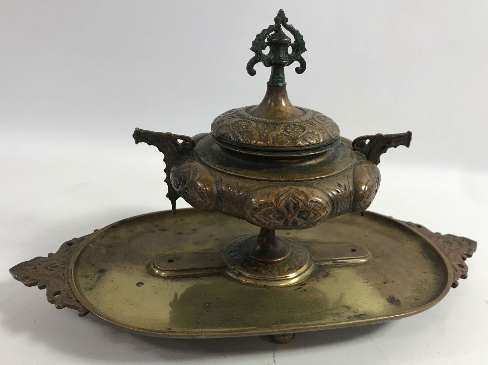 FOOTED BRASS INKWELL WITH HANDLED TRAY, URN LIKE WELL (1 of 1)