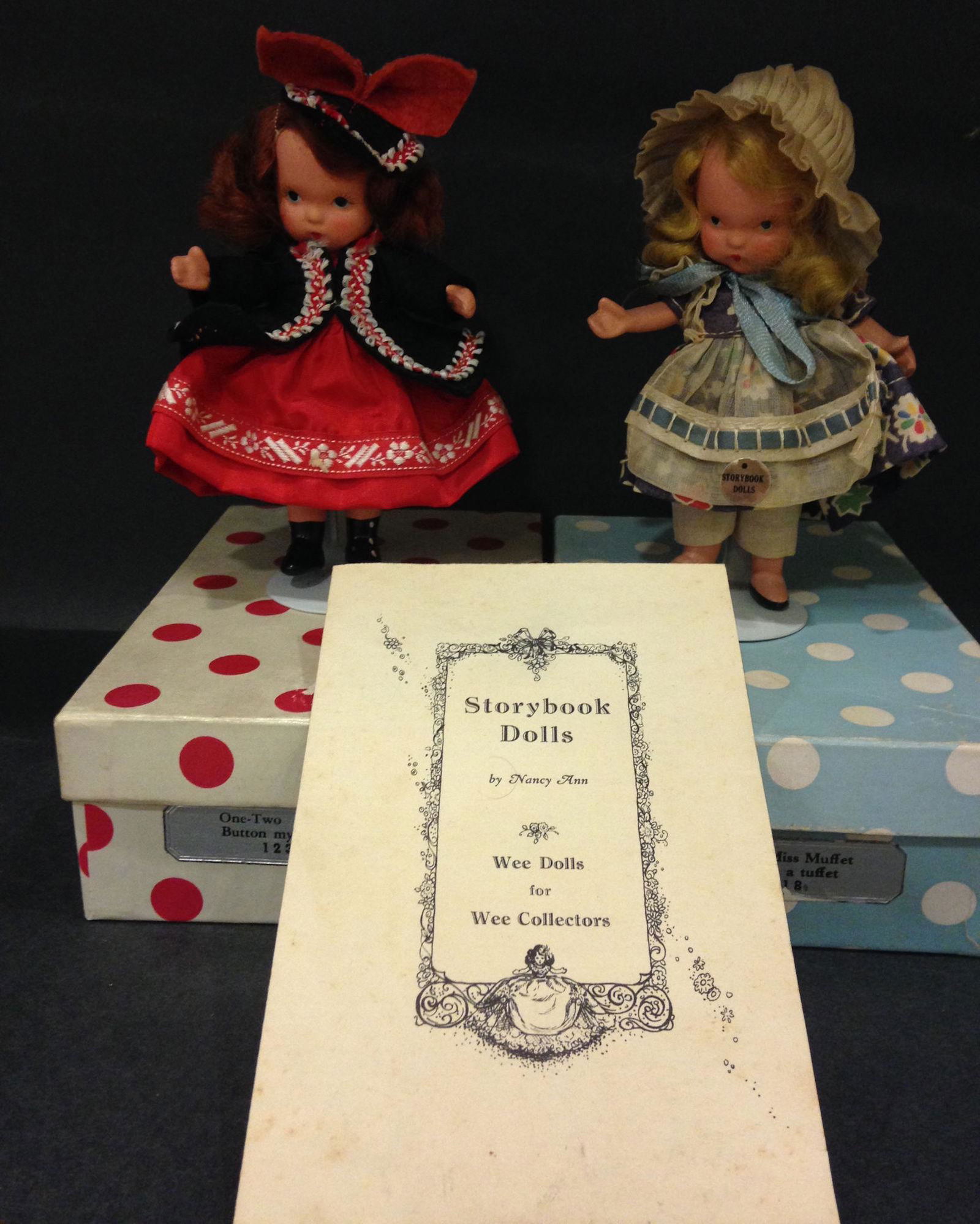 (2) 5½" STORYBOOK DOLLS MOTHER GOOSE/FAIRY TALE: (2) 5½" STORYBOOK DOLLS MOTHER GOOSE/FAIRY TALE SERIES "ONE-TWO BUTTON MY SHOE" #123 AND "LITTLE MISS MUFFET SAT ON A TUFFET" #118 IN ORIGINAL COSTUMES. "STORY BOOK DOLL USA" MARK ON JOINTED PT