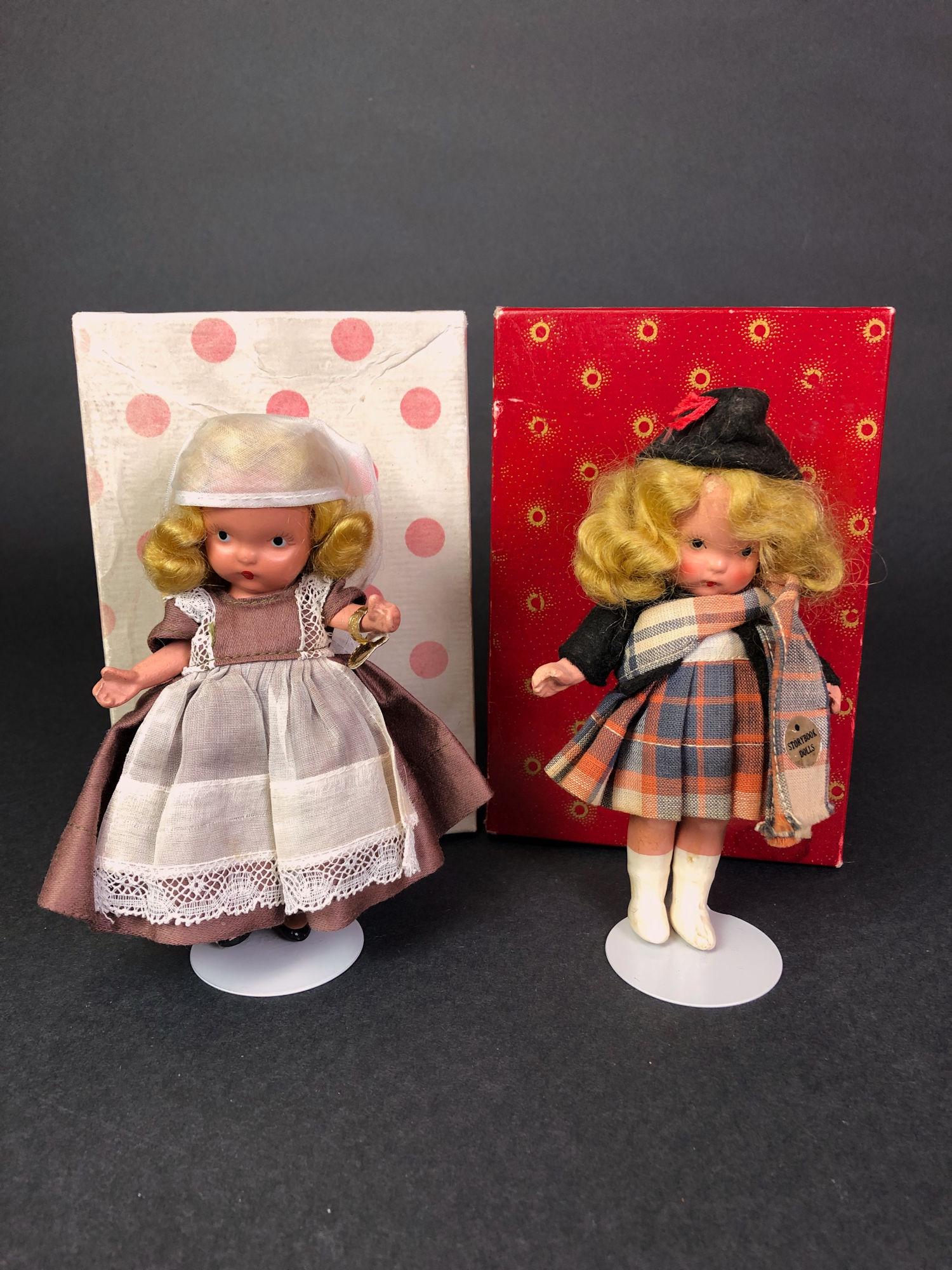 (2) 5½" STORYBOOK DOLLS IN ORIGINAL COSTUMES.: (2) 5½" STORYBOOK DOLLS IN ORIGINAL COSTUMES. "STORYBOOK DOLL USA" MARK ON JOINTED BISQUE BODIES. 1.) BELGIAN HAS GOLD FOIL WRIST TAG WITH "STORYBOOK DOLLS BY NANCY ANN" ON ONE SIDE "BELGIAN" O