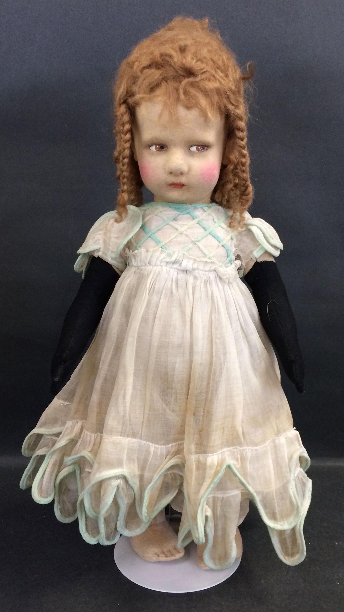 17" RARE LENCI WITH BLACK GLOVED ARMS. MOLDED SWIVEL: 17" RARE LENCI WITH BLACK GLOVED ARMS. MOLDED SWIVEL HEAD WITH PAINTED FEATURES, SIDE GLANCING EYES, APPLIED EARS, ORIGINAL MOHAIR WIG, ON FIVE PIECE BODY, CLOTH TORSO, DISK JOINTED "BLACK GLOVE" ARMS