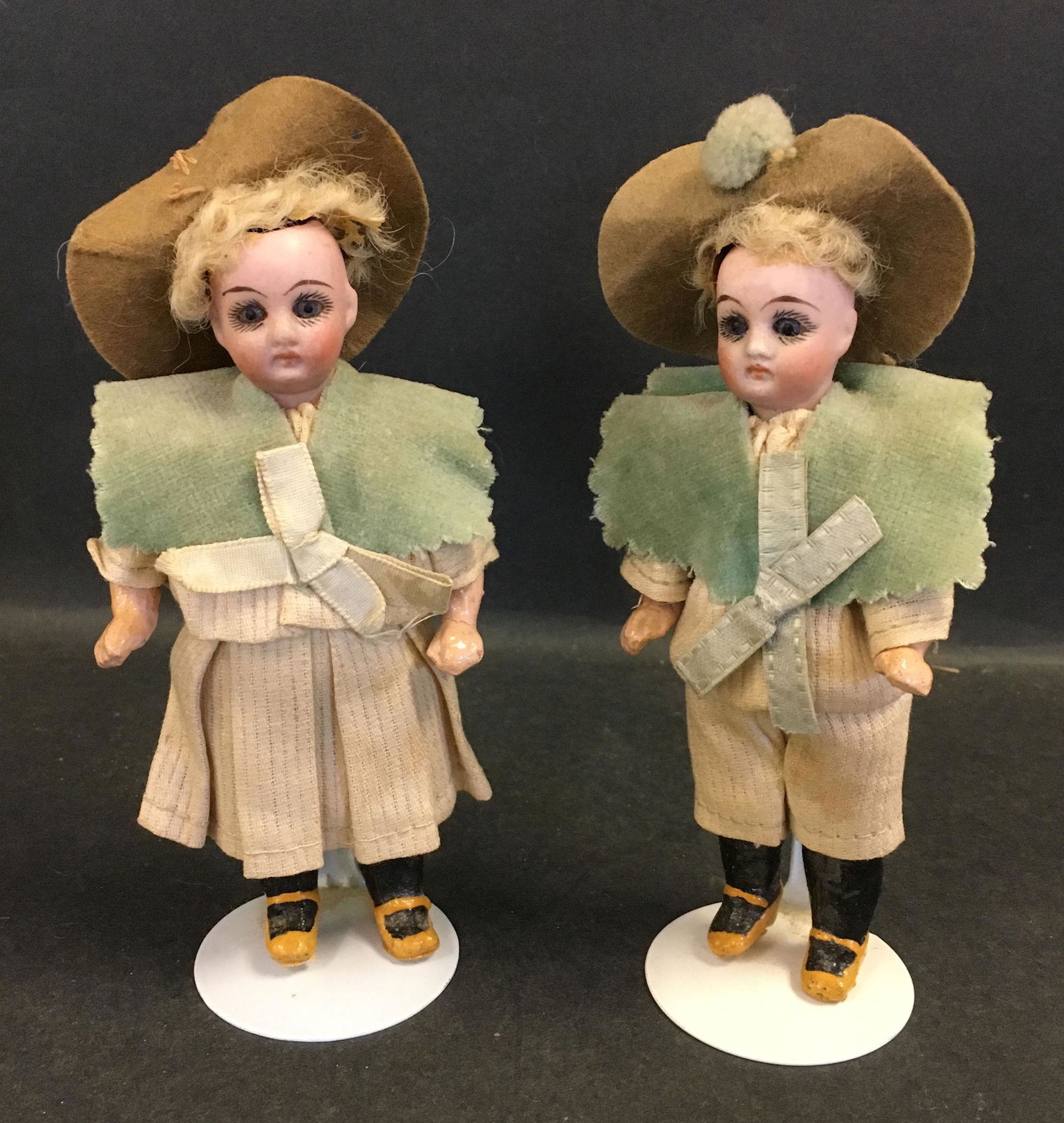 PAIR 5" BISQUE SOCKET HEAD DOLLS. MOHAIR WIGS, (1 of 1)