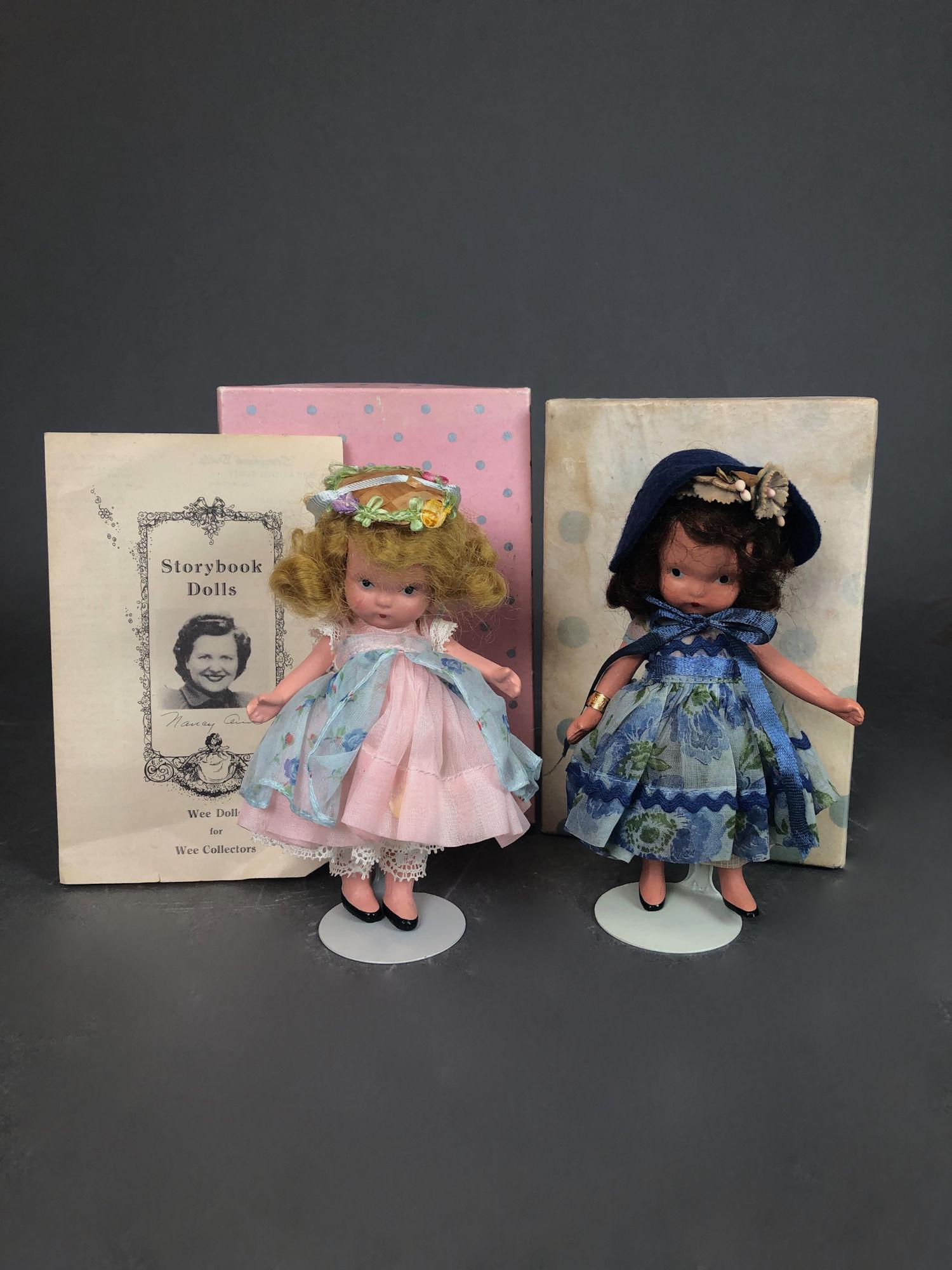 (2) 5½" STORYBOOK DOLLS IN ORIGINAL COSTUMES.: (2) 5½" STORYBOOK DOLLS IN ORIGINAL COSTUMES. "STORYBOOK DOLL USA" MARK ON JOINTED BISQUE BODY, GOLD FOIL WRIST TAG, "STORYBOOK DOLLS BY NANCY ANN" ON LITTLE BETTY BLUE AND MOLDED SOCKS AND PT 