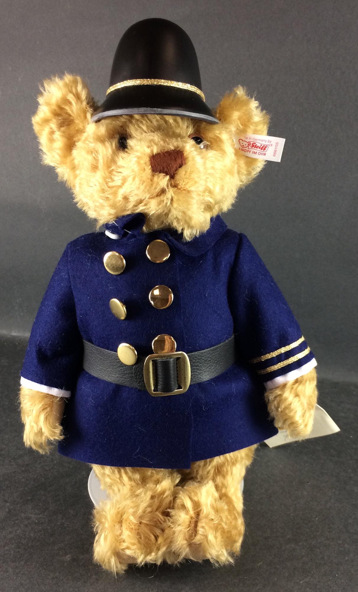 13" (OVERALL) STEIFF MOHAIR LIMITED EDITION "POLICE: 13" (OVERALL) STEIFF MOHAIR LIMITED EDITION "POLICE COMMISSIONER BEAR" TWEED ROOSEVELT WITH GROWLER. RETAINS EAR BUTTON, LABEL AND CERTIFICATE HANG TAG. NO BOX.