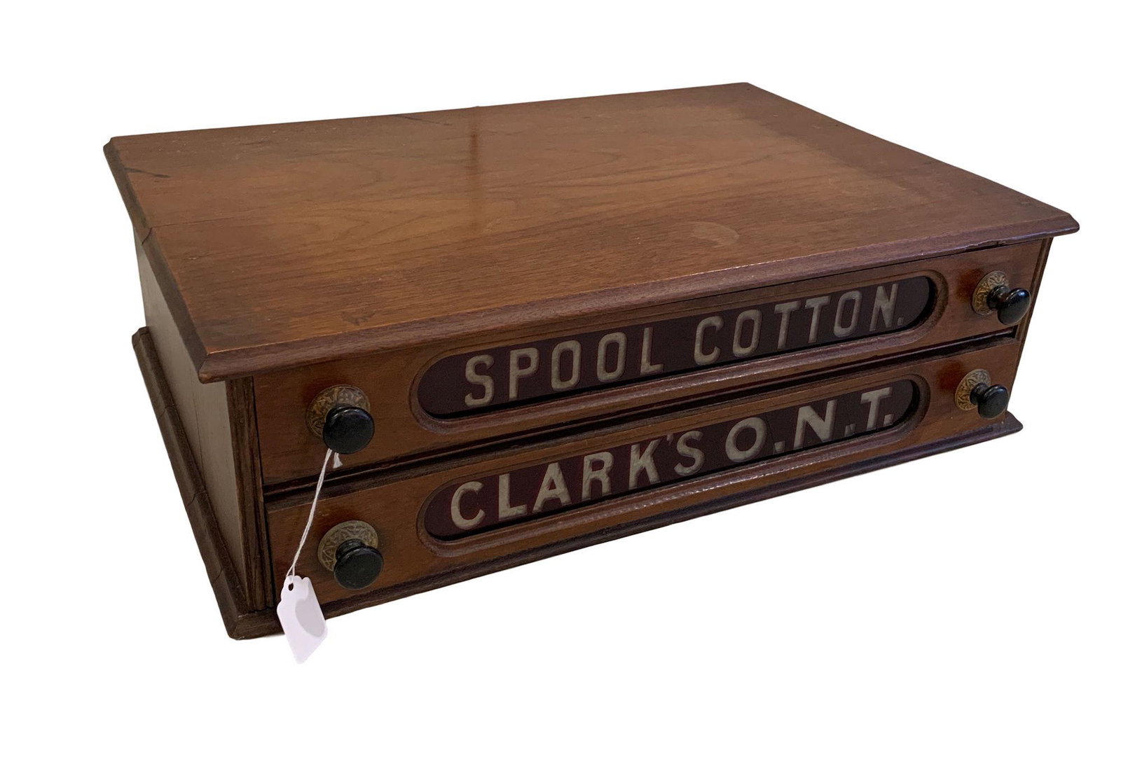 WALNUT TWO DRAWER SPOOL CABINET WITH RED GLASS PANELS, (1 of 1)