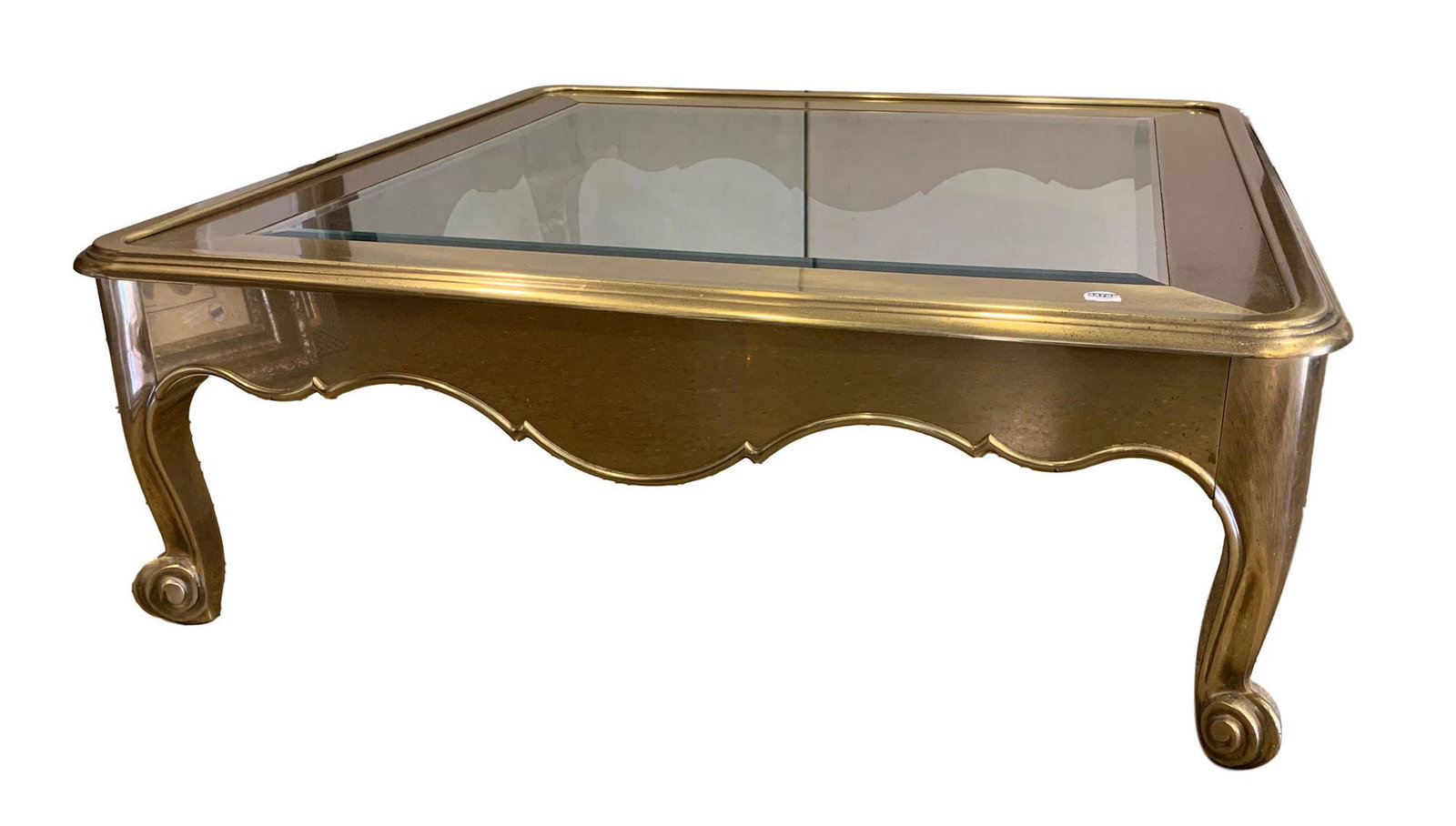 SQUARE BRASS AND BEVELED GLASS COFFEE TABLE WITH SCROLL (1 of 1)