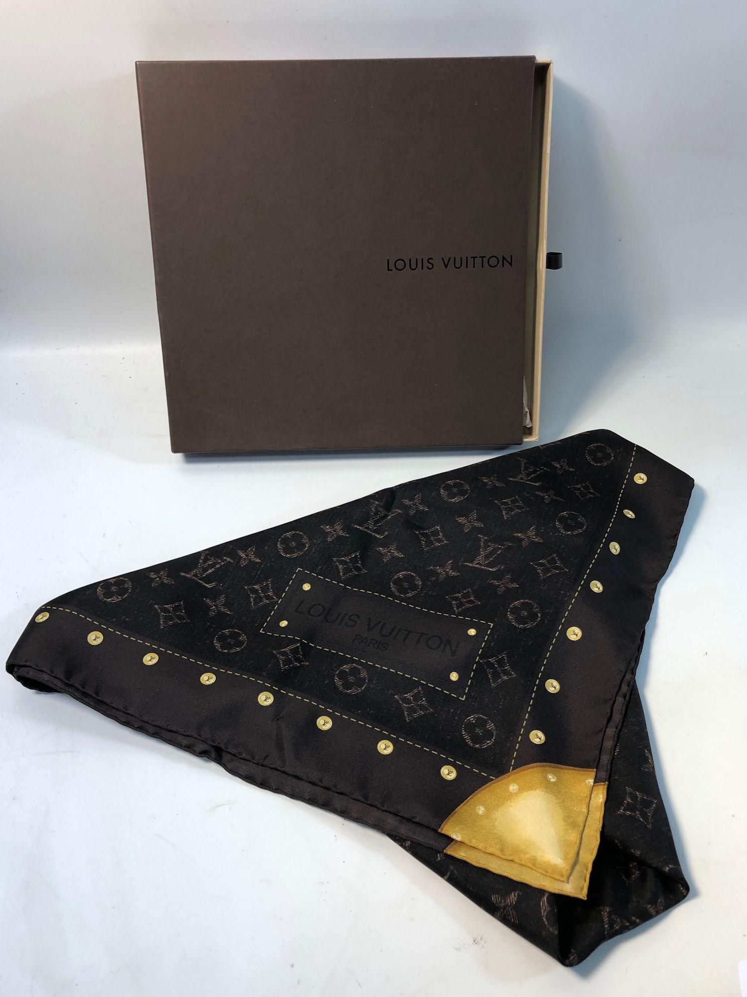 LOUIS VUITTON SCARF: LOUIS VUITTON SCARF ~ BROWN MONOGRAM SCARF WITH TRUNK MOTIF, 100% SILK SCARF, MADE IN ITALY, NO. 401910, GOOD LIKE NEW CONDITION, TAG IS LOOSE, IN ORIGINAL BOX, 35" X 70"