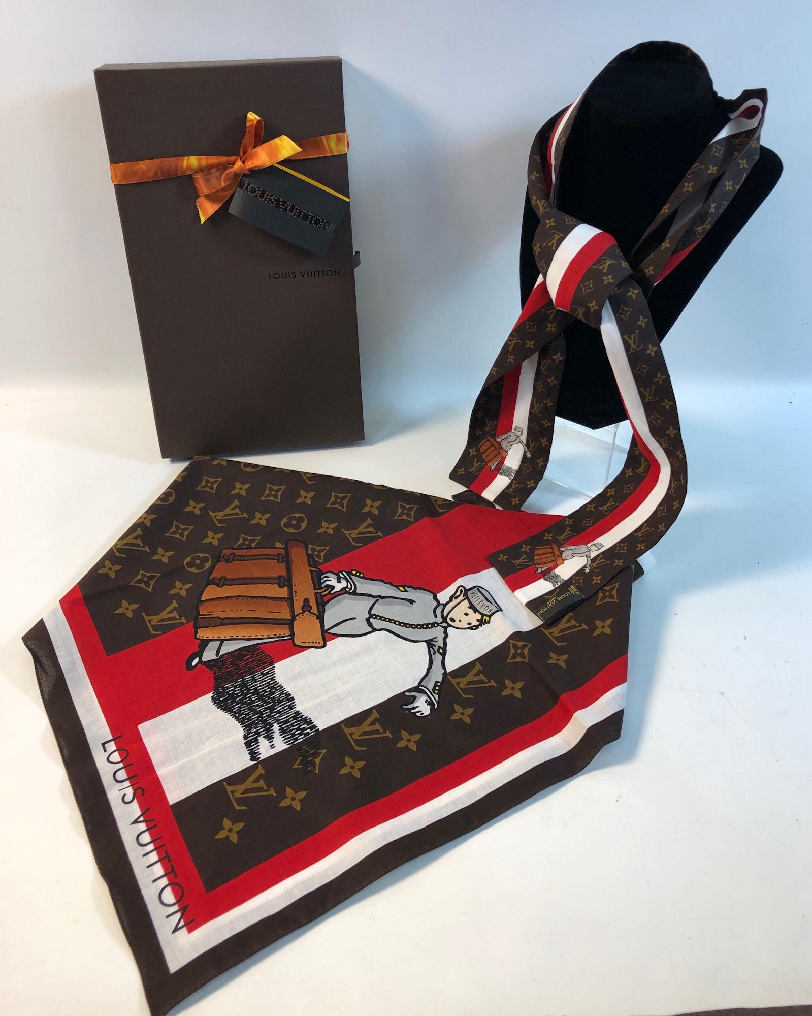 LIMITED EDITION LOUIS VUITTON SCARF SET: LIMITED EDITION LOUIS VUITTON SCARF SET ~ MONOGRAM GROOM BELLBOY MATCHING SCARF AND ASCOT, LIKE NEW CONDITION, IN ORIGINAL BOX, EACH WITH OWN TRAVEL BAG, ASCOT APPROX. 3" WIDE X 46" IN LENGTH, MATCHIN