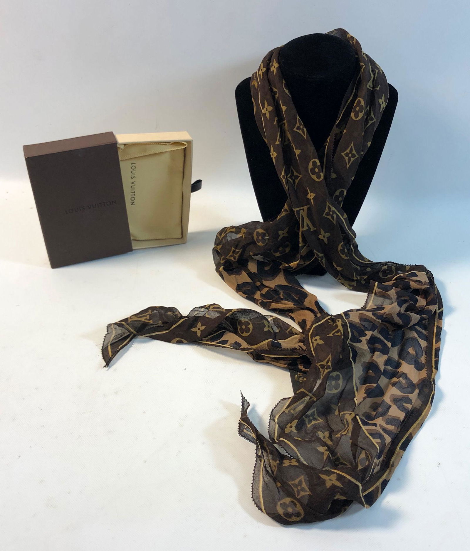 LOUIS VUITTON SCARF: LOUIS VUITTON SCARF~ ITALIAN MADE THIN SILK SCARF WITH MONOGRAMMED PATTERN AND LEOPARD PRINT, GENTLY USED, TAG IS COMING LOOSE, STYLE NO. 401910, APPROX. 78" IN LENGTH, ANGLED ENDS BRANDED BOX INCLUDE