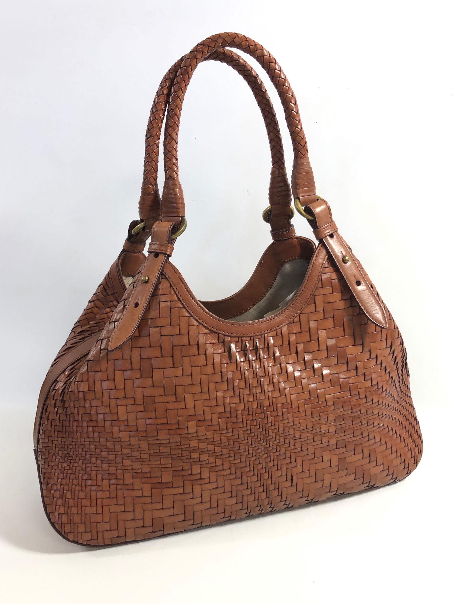 COLE HAAN HANDBAG: COLE HAAN HANDBAG ~ GENEVIEVE WEAVE LARGE TRIANGLE SADDLE LEATHER BAG, GENTLY USED CLEAN INTERIOR, 17" HEIGTH APPROX 16" AT WIDEST SECTION