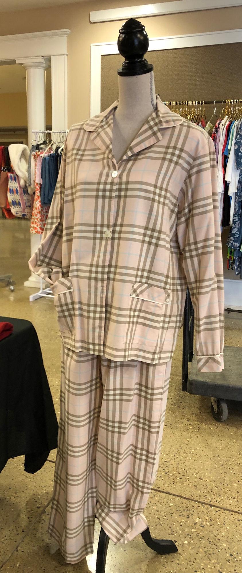 BURBERRY LADIES PAJAMAS: BURBERRY LADIES PAJAMAS ~ SHIRT AND PANTS SIZE L, BURBERRY CHECK PATTERN IN PINK WITH HINTS OF TURQUOISE, MOTHER OR PEARL BUTTONS, VERY GENTLY USED