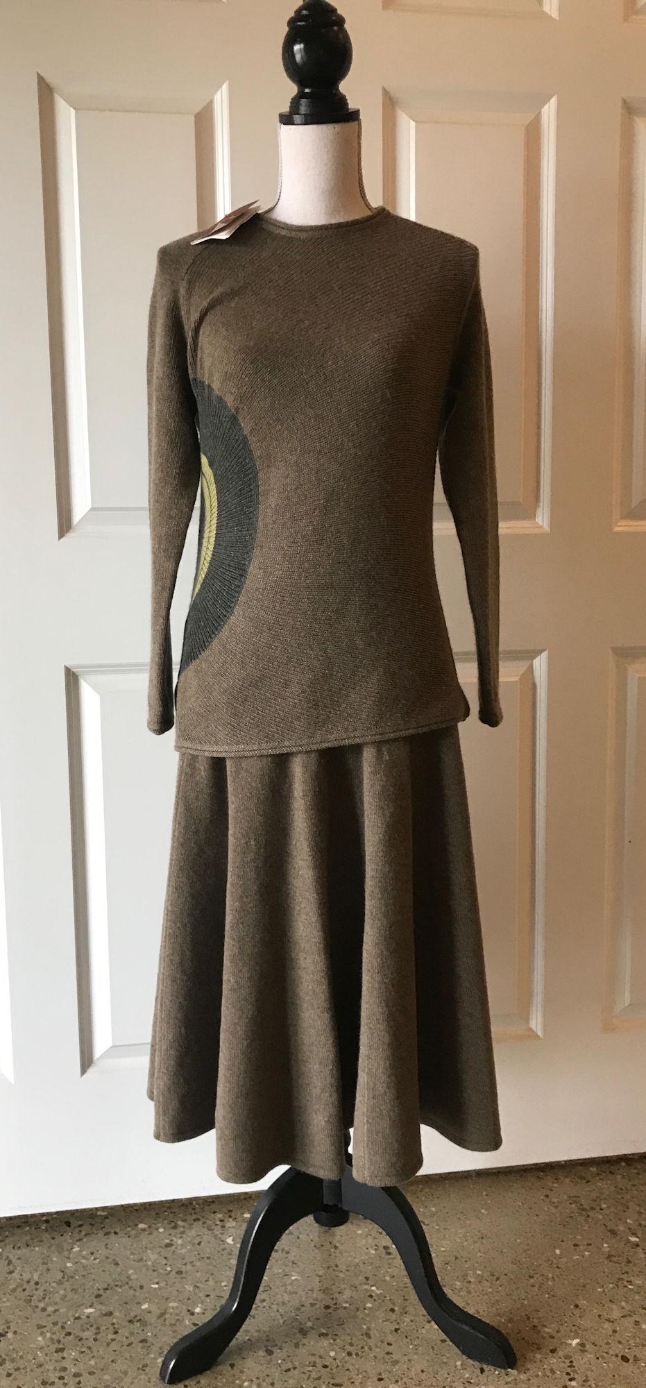 LORO PIANA CASHMERE SWEATER SET: LORO PIANA CASHMERE SWEATER SET ~ INCLUDES SWEATER AND SKIRT, BOTH SIZE 48. SWEATER NEW WITH TAGS. HEATHER BROWN WITH BLUE, GREEN, AND GREY ACCENT. SKIRT VERY GENTLY USED