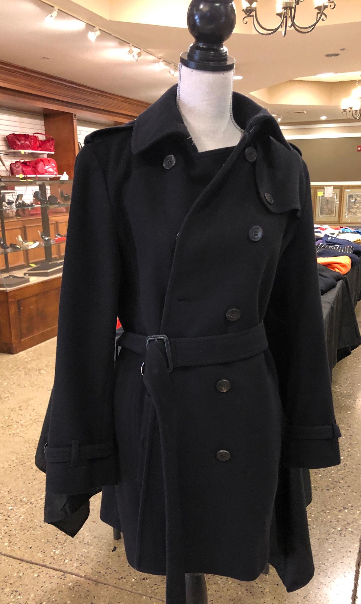 BURBERRY PEACOAT: BURBERRY PEACOAT ~ LADIES SIZE 14, BLACK WOOL AND CASHMERE BLEND, VERY GENTLY USED, WAIST BELT & BELT ACCENTS ON SLEEVES