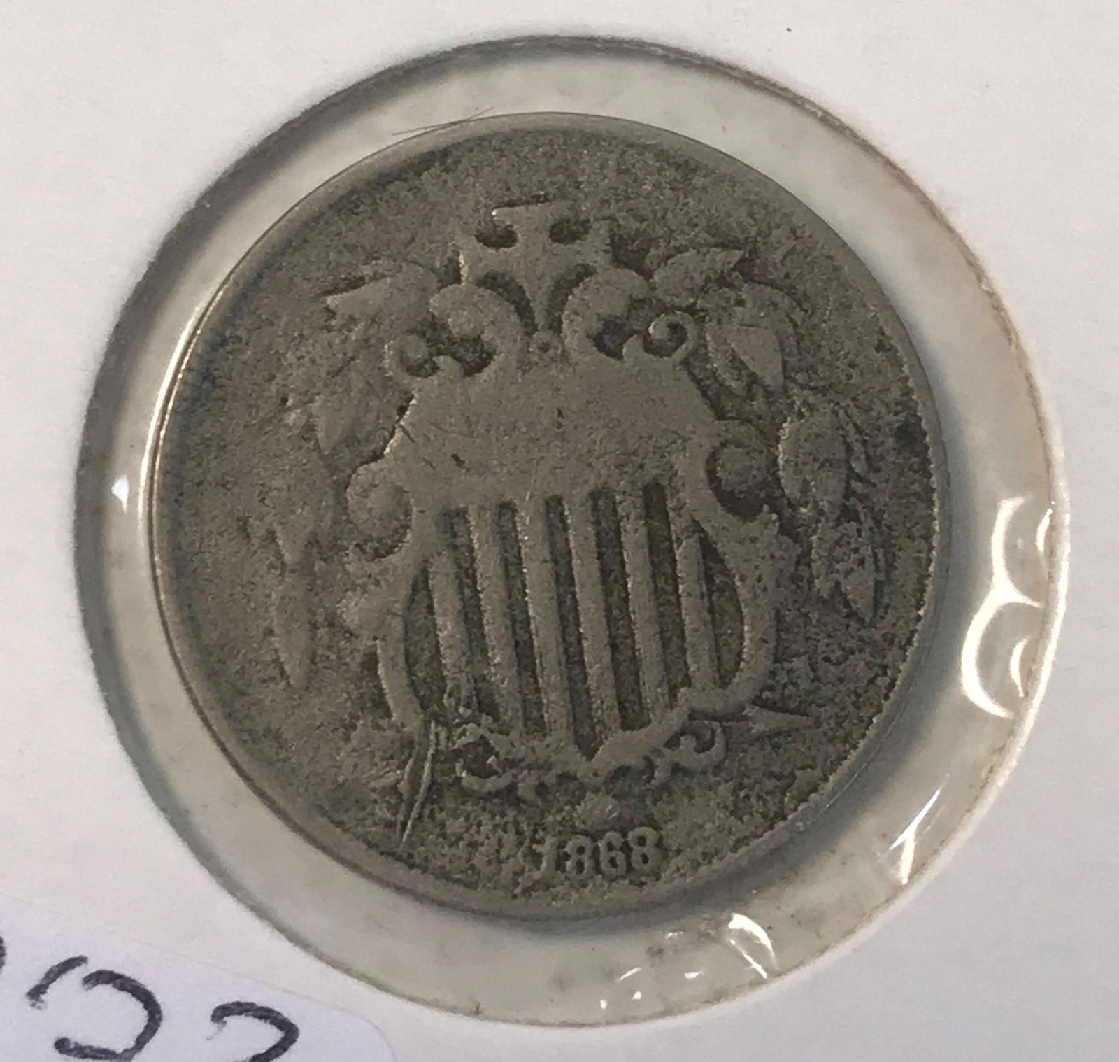 US NICKEL~ 1868 SHIELD NICKEL MARKED "G" (GRADE NOT (1 of 2)