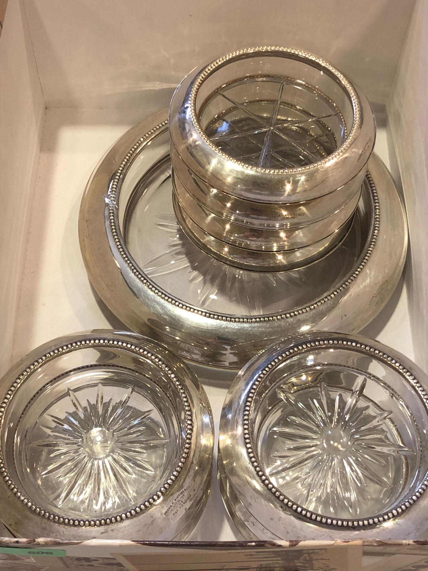 STERLING SILVER AND GLASS COASTERS/ASHTRAY (1 of 3)